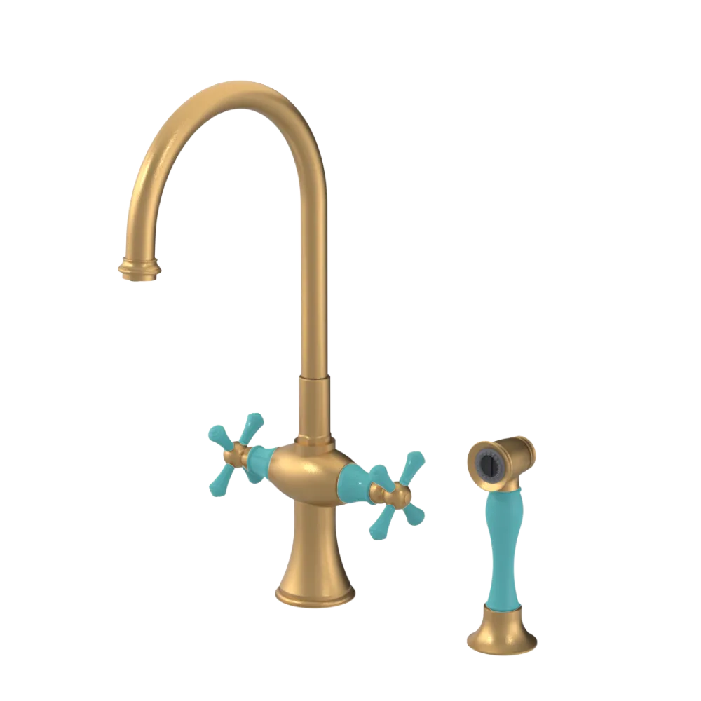 Rubinet Two Handle Single Hole Kitchen Set with Hand Spray Satin Gold