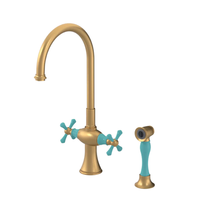 Rubinet Two Handle Single Hole Kitchen Set with Hand Spray Satin Gold