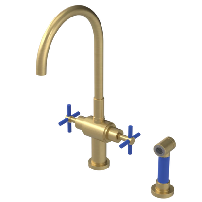 Rubinet Two Handle Single Hole Kitchen Set with LaSalle Spout with Hand Spray Satin Brass