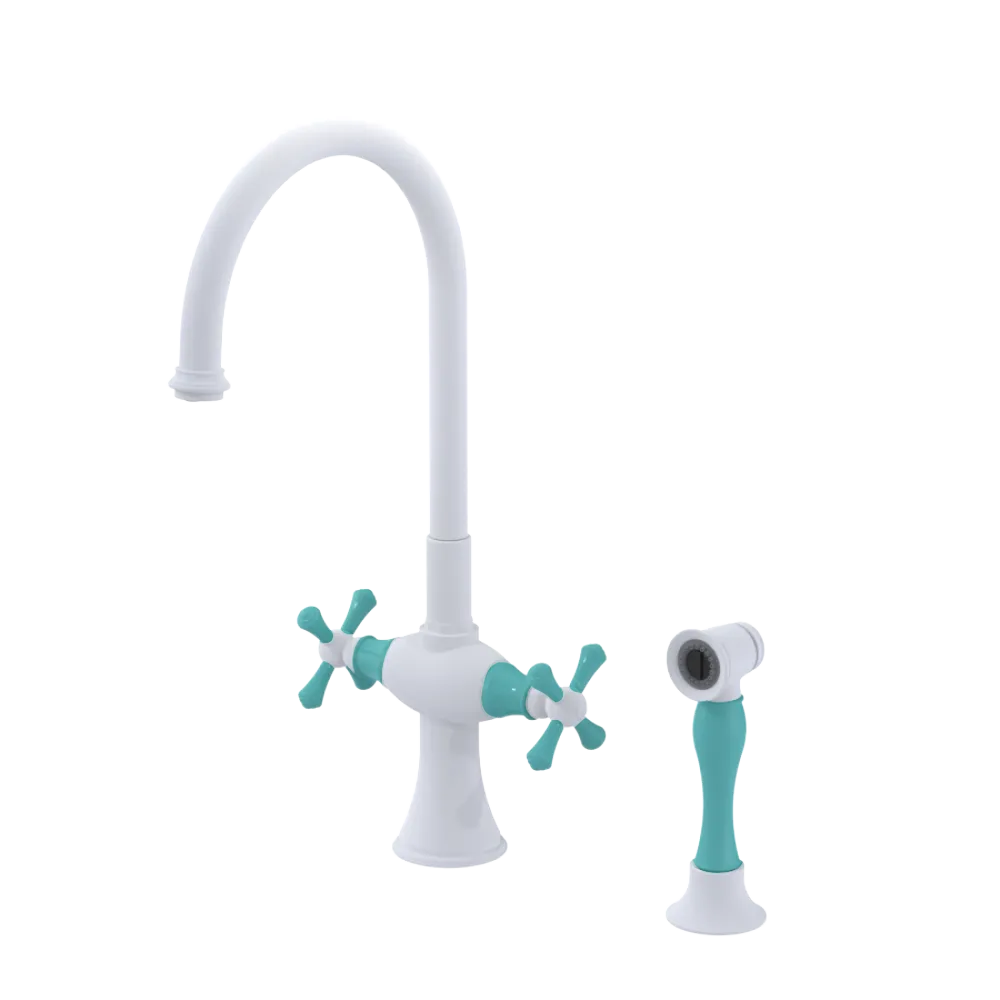 Rubinet Two Handle Single Hole Kitchen Set with Hand Spray Matt White