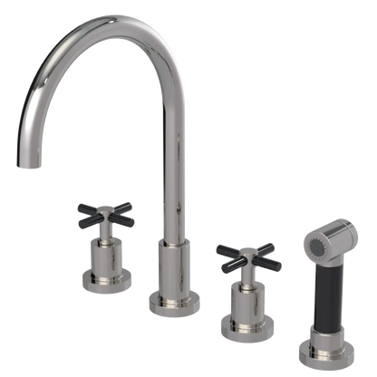 Rubinet Widespread Kitchen Set with LaSalle Spout with Hand Spray Polished Nickel