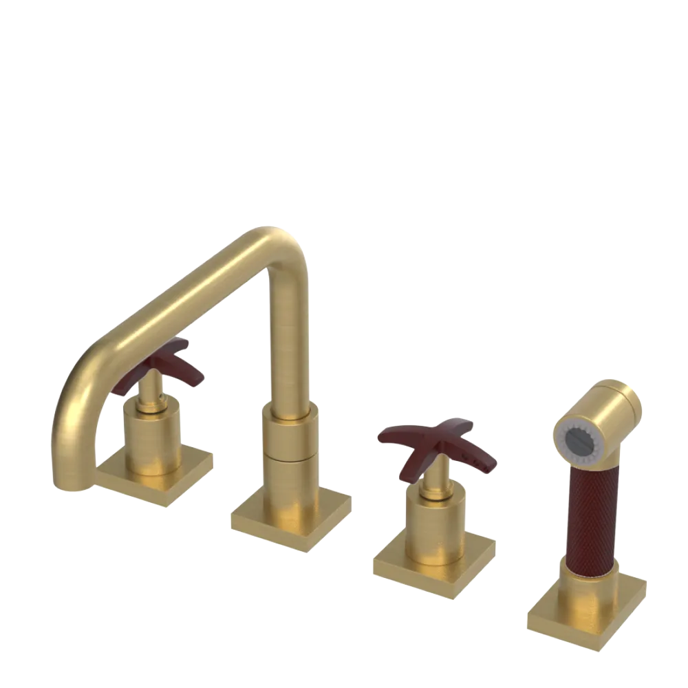 Rubinet Widespread Kitchen Set with Genesis Spout with Hand Spray Satin Gold
