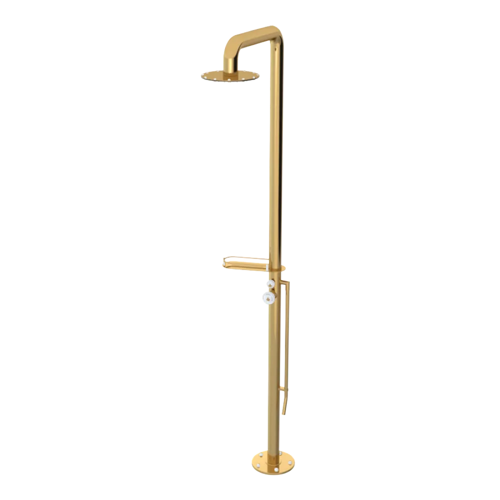 Rubinet Pressure Balance Outdoor Shower with Foot Rinse & 10" Shower Head (with shelf) - 304 Stainless Steel Gold