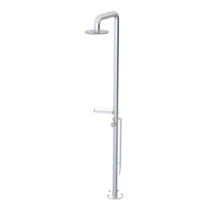 Rubinet Pressure Balance Outdoor Shower with Foot Rinse & 10" Shower Head (with shelf) - 304 Stainless Steel Satin Chrome