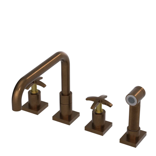 Rubinet Widespread Kitchen Set with Genesis Spout with Hand Spray Tuscan Brass