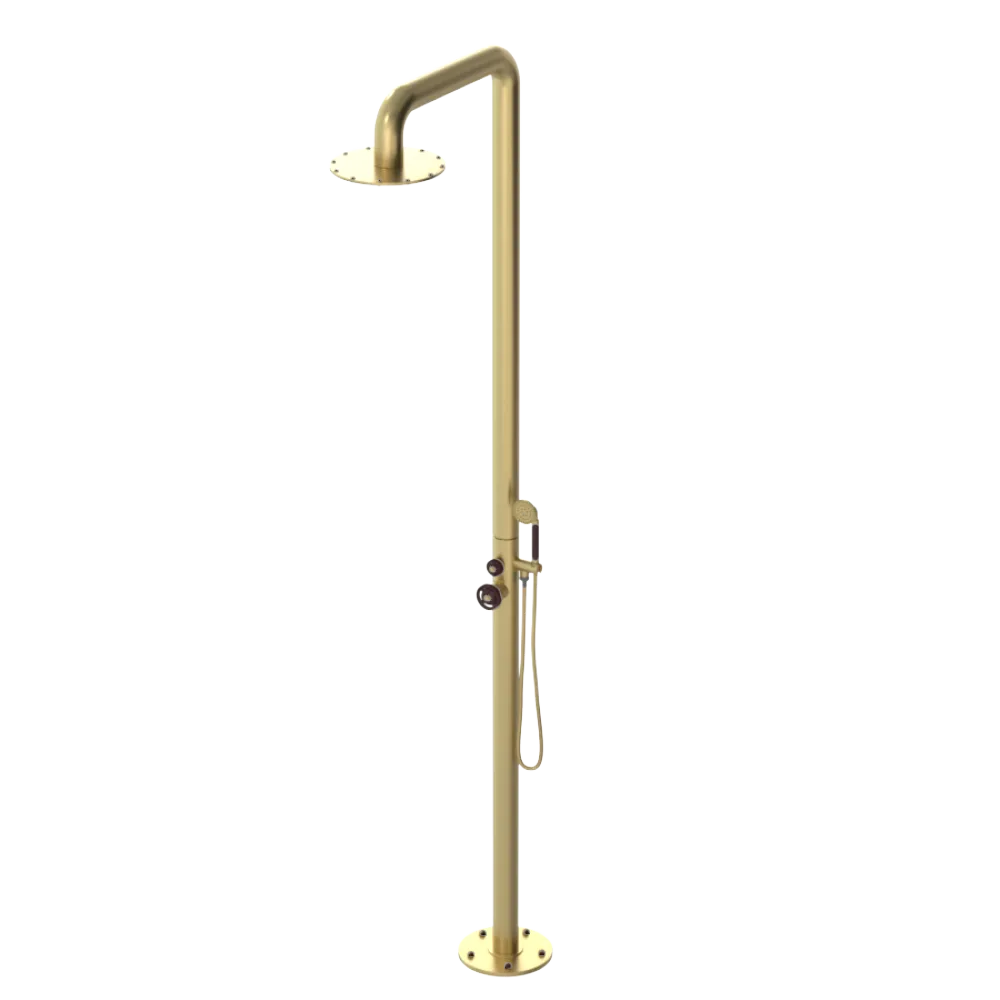 Rubinet Pressure Balance Outdoor Shower with Hand Held Shower & 10" Shower Head - 304 Stainless Steel Satin Brass