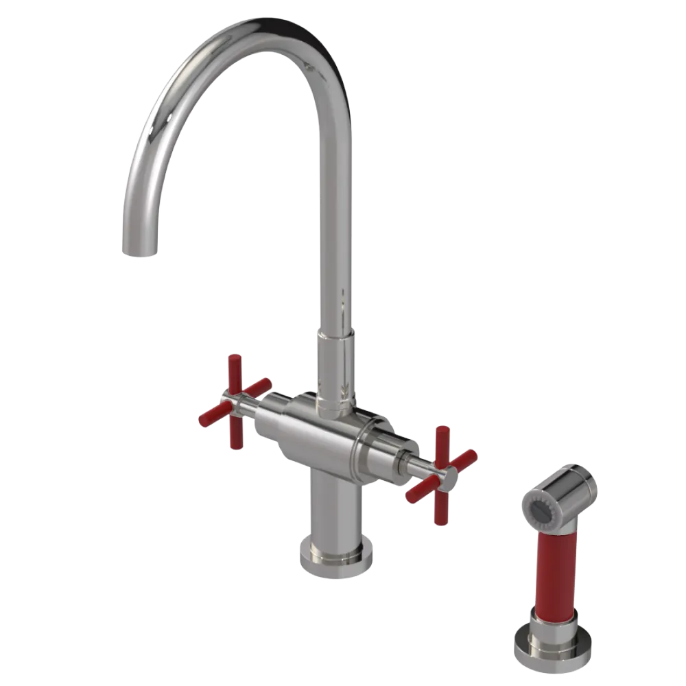 Rubinet Two Handle Single Hole Kitchen Set with LaSalle Spout with Hand Spray Polished Nickel