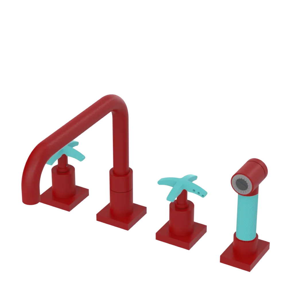 Rubinet Widespread Kitchen Set with Genesis Spout with Hand Spray Maroon