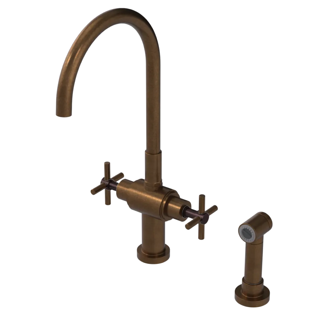 Rubinet Two Handle Single Hole Kitchen Set with LaSalle Spout with Hand Spray Tuscan Brass