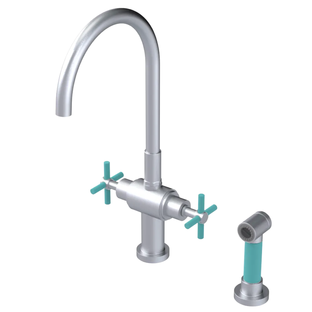 Rubinet Two Handle Single Hole Kitchen Set with LaSalle Spout with Hand Spray Satin Chrome