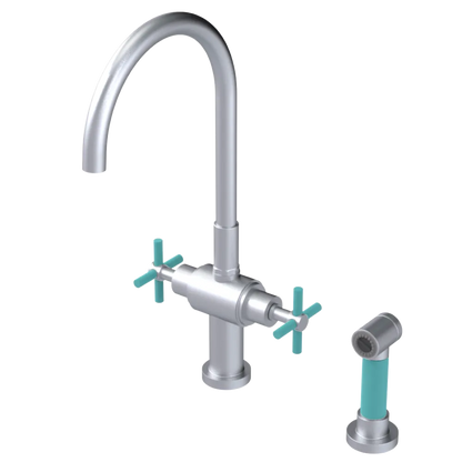 Rubinet Two Handle Single Hole Kitchen Set with LaSalle Spout with Hand Spray Satin Chrome
