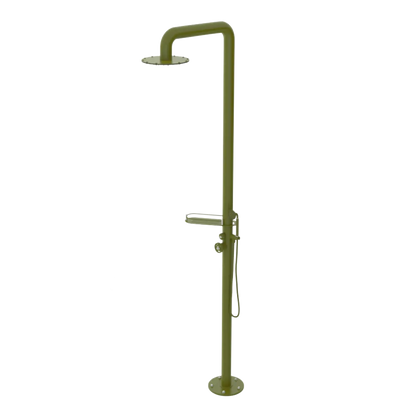 Rubinet Pressure Balance Outdoor Shower with Hand Held Shower & 10" Shower Head (with shelf) - 304 Stainless Steel Green Envy