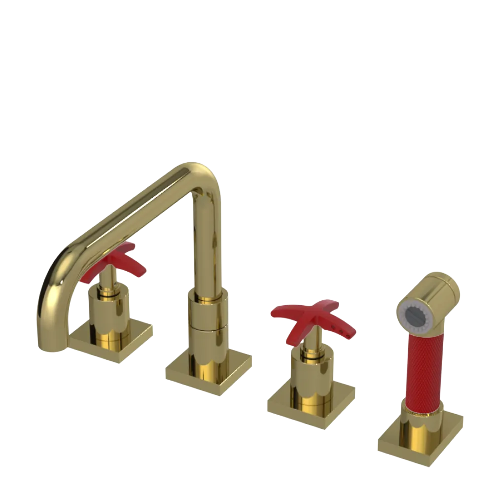 Rubinet Widespread Kitchen Set with Genesis Spout with Hand Spray Natural Brass