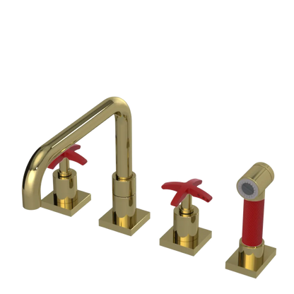Rubinet Widespread Kitchen Set with Genesis Spout with Hand Spray Natural Brass