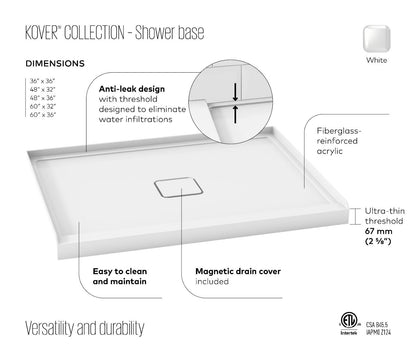 KALIA KOVER Rectangular acrylic shower base 48" x 32"