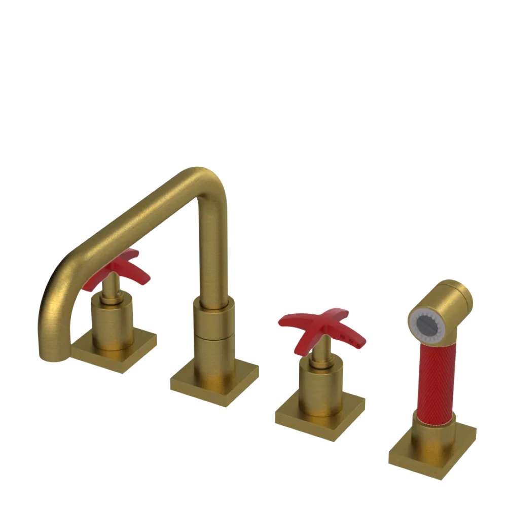 Rubinet Widespread Kitchen Set with Genesis Spout with Hand Spray Antique Brass Matt