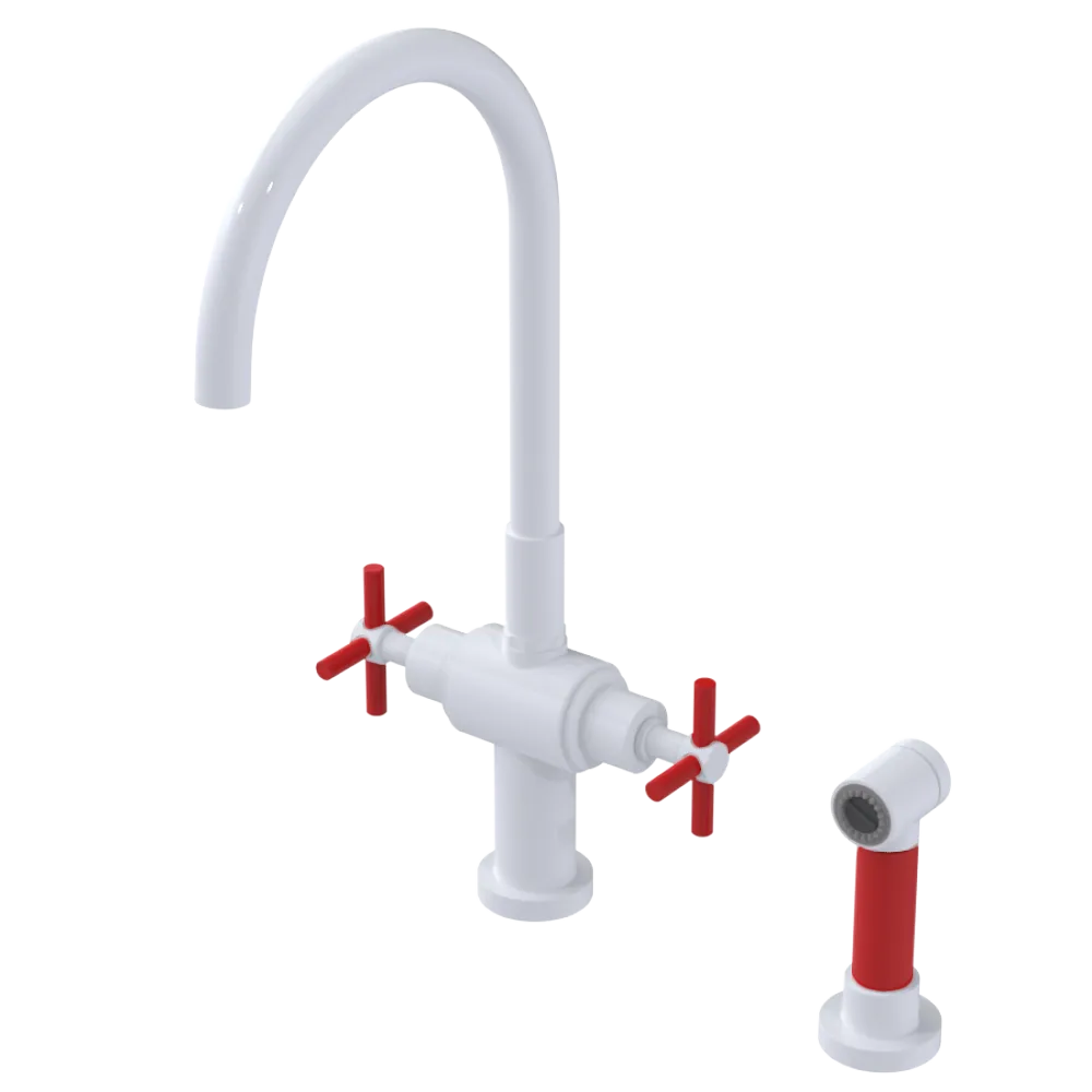 Rubinet Two Handle Single Hole Kitchen Set with LaSalle Spout with Hand Spray White