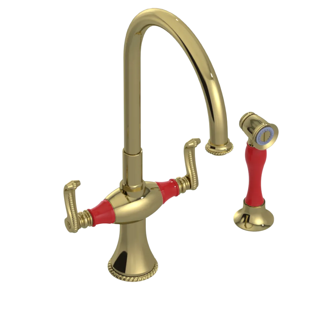 Rubinet Two Handle Single Hole Kitchen Set with Hand Spray Natural Brass