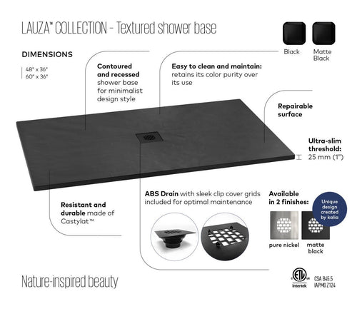 KALIA LAUZA Castylat™ shower base 48" x 36" - Textured Black