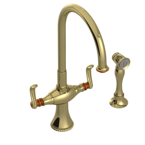 Rubinet Two Handle Single Hole Kitchen Set with Hand Spray Natural Brass