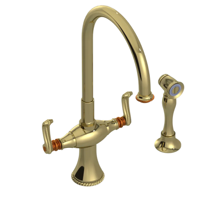 Rubinet Two Handle Single Hole Kitchen Set with Hand Spray Natural Brass