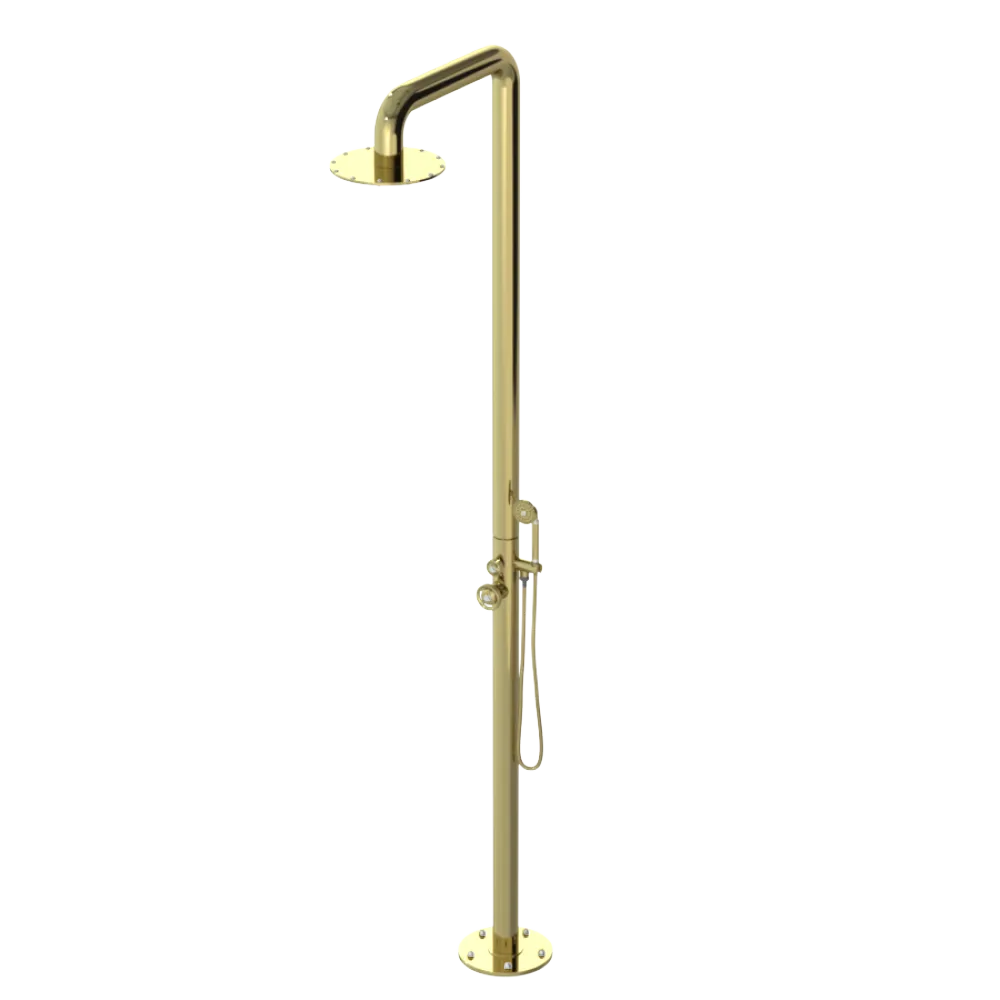 Rubinet Pressure Balance Outdoor Shower with Hand Held Shower & 10" Shower Head - 304 Stainless Steel Bright Brass