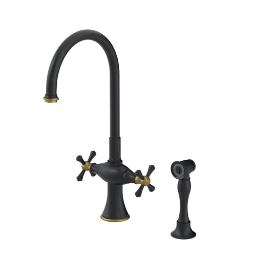 Rubinet Two Handle Single Hole Kitchen Set with Hand Spray Matt Black