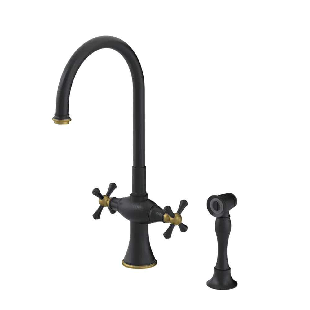 Rubinet Two Handle Single Hole Kitchen Set with Hand Spray Matt Black