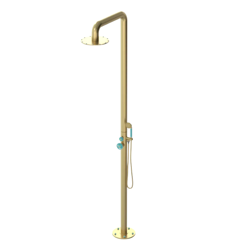 Rubinet Pressure Balance Outdoor Shower with Hand Held Shower & 10" Shower Head - 304 Stainless Steel Satin Brass