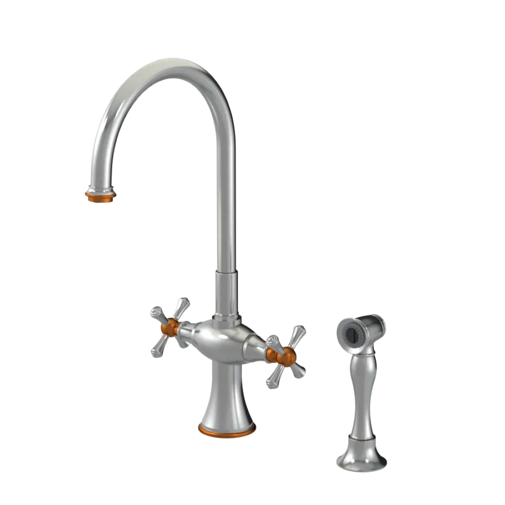 Rubinet Two Handle Single Hole Kitchen Set with Hand Spray Satin Nickel