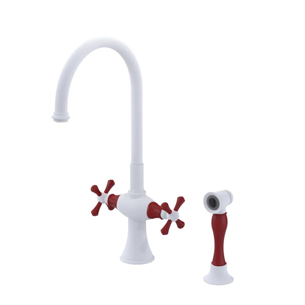 Rubinet Two Handle Single Hole Kitchen Set with Hand Spray Matt White