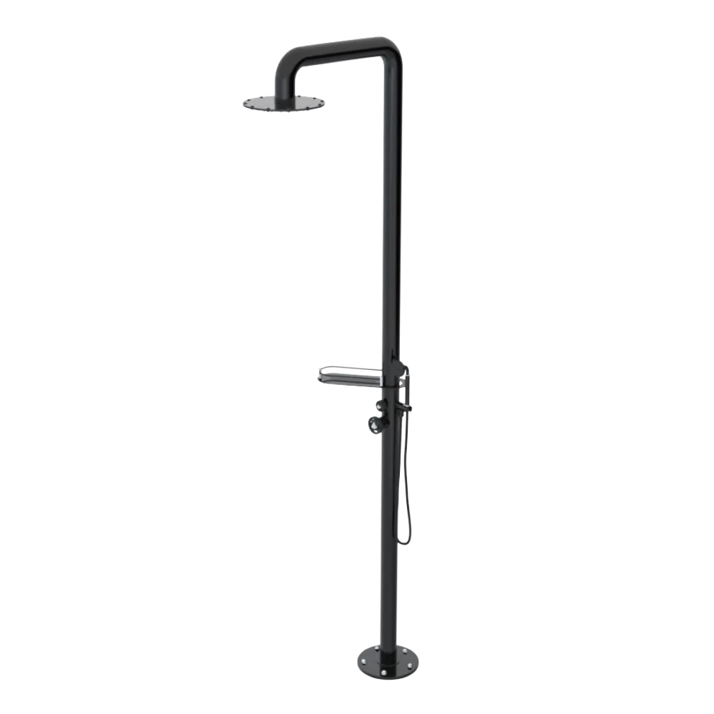 Rubinet Pressure Balance Outdoor Shower with Hand Held Shower & 10" Shower Head (with shelf) - 304 Stainless Steel Black