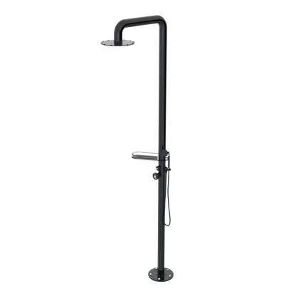 Rubinet Pressure Balance Outdoor Shower with Hand Held Shower & 10" Shower Head (with shelf) - 304 Stainless Steel Black