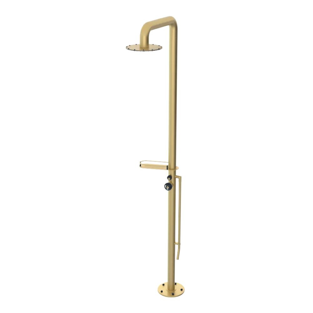 Rubinet Pressure Balance Outdoor Shower with Foot Rinse & 10" Shower Head (with shelf) - 304 Stainless Steel Satin Brass