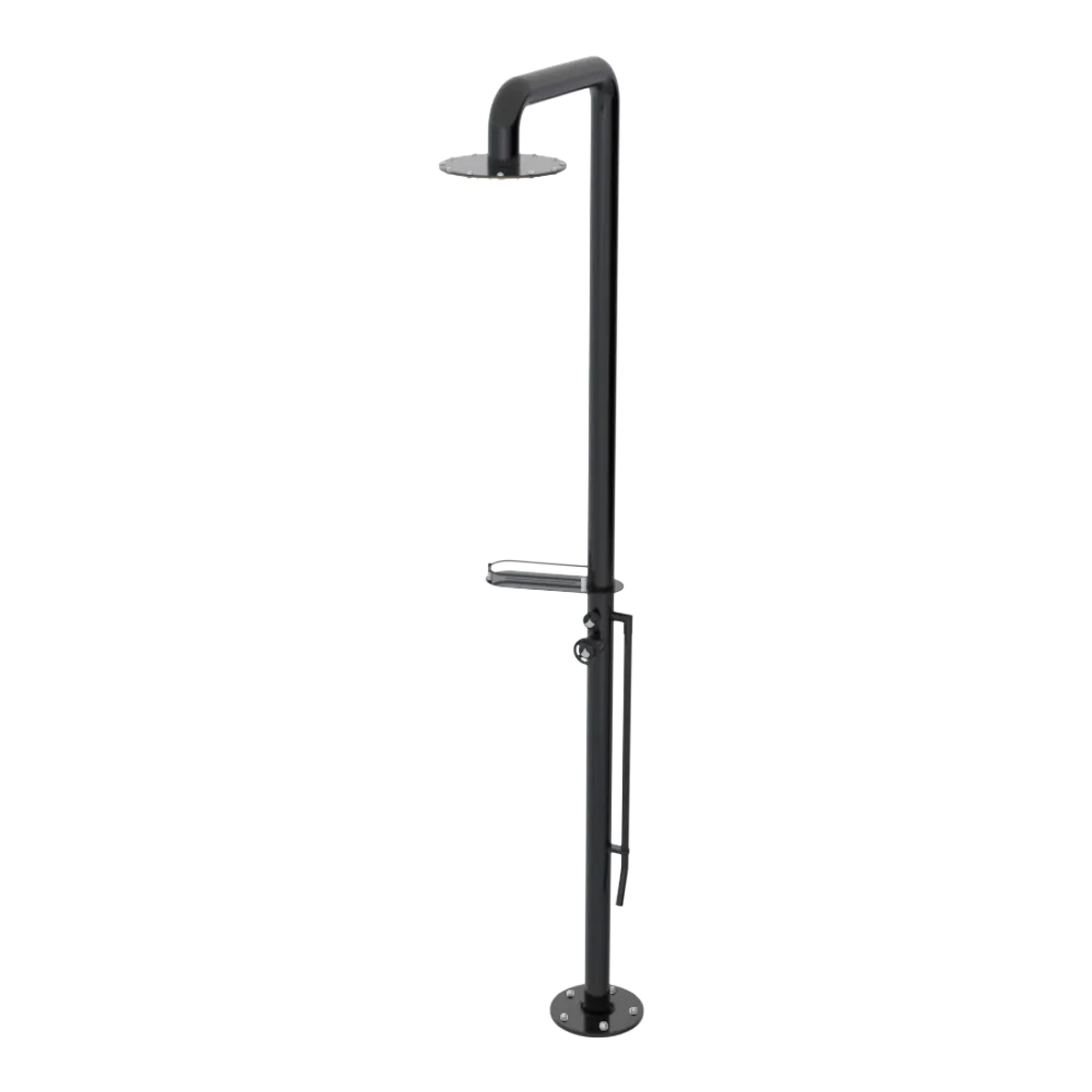 Rubinet Pressure Balance Outdoor Shower with Foot Rinse & 10" Shower Head (with shelf) - 304 Stainless Steel Black