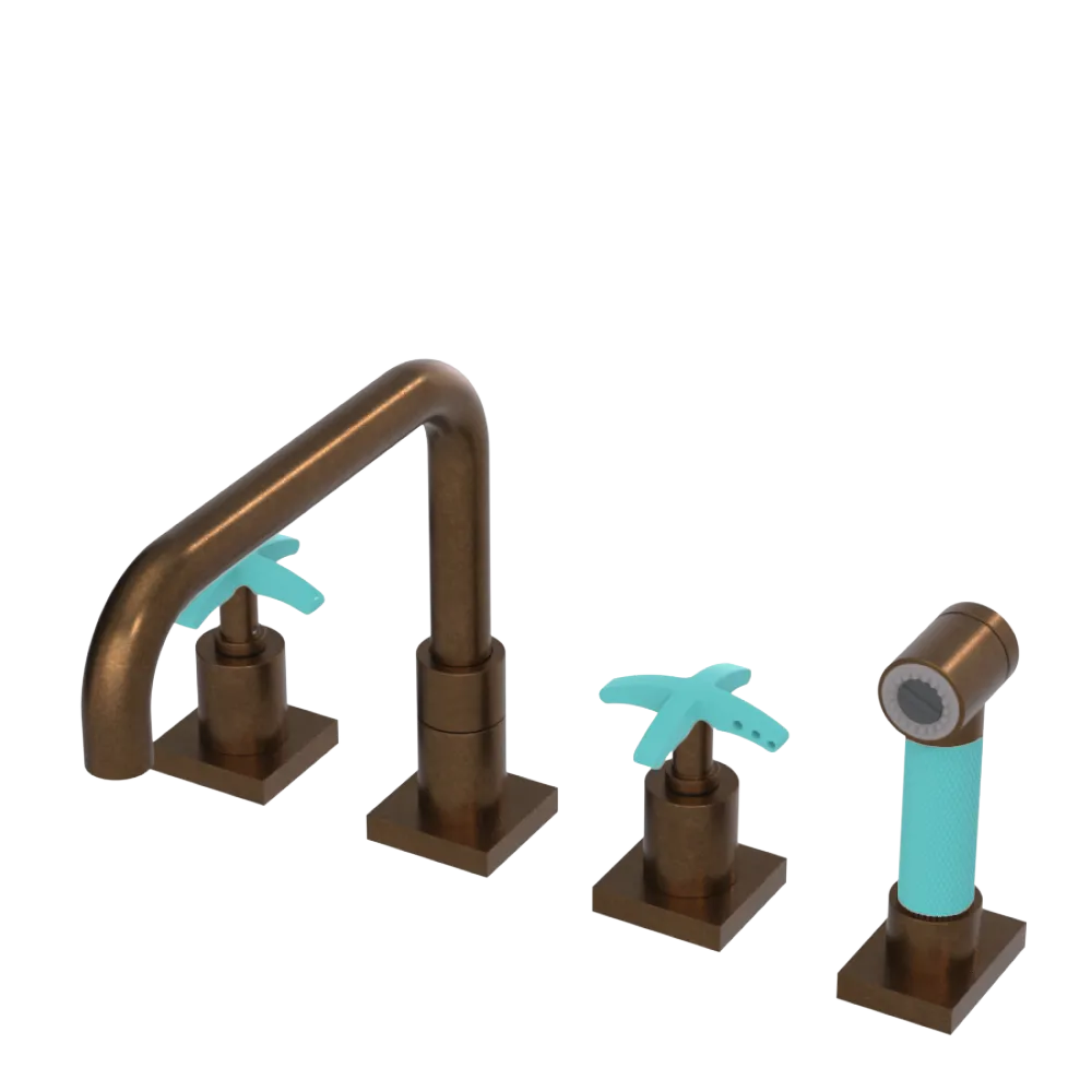 Rubinet Widespread Kitchen Set with Genesis Spout with Hand Spray Tuscan Brass
