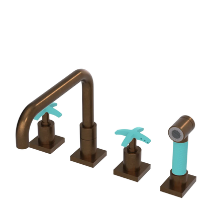 Rubinet Widespread Kitchen Set with Genesis Spout with Hand Spray Tuscan Brass