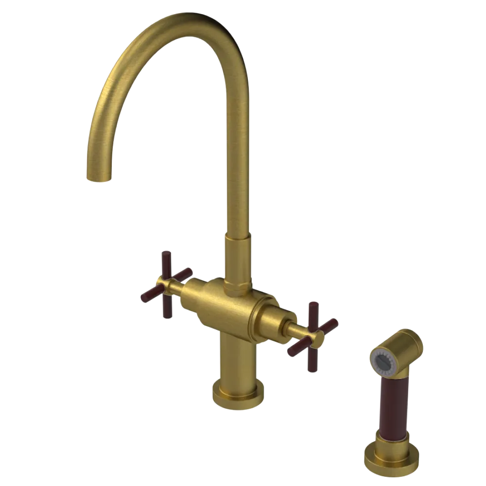 Rubinet Two Handle Single Hole Kitchen Set with LaSalle Spout with Hand Spray Antique Brass Matt