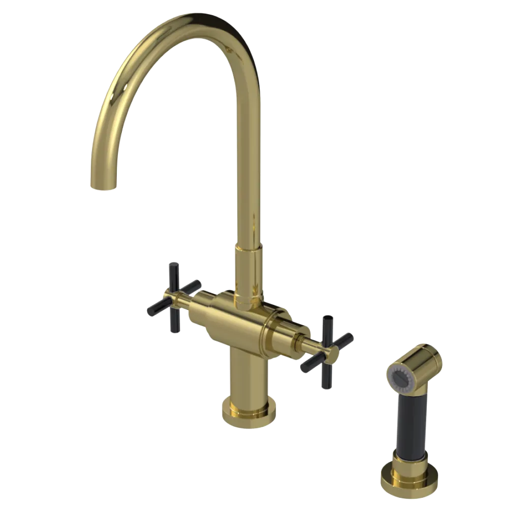 Rubinet Two Handle Single Hole Kitchen Set with LaSalle Spout with Hand Spray Natural Brass