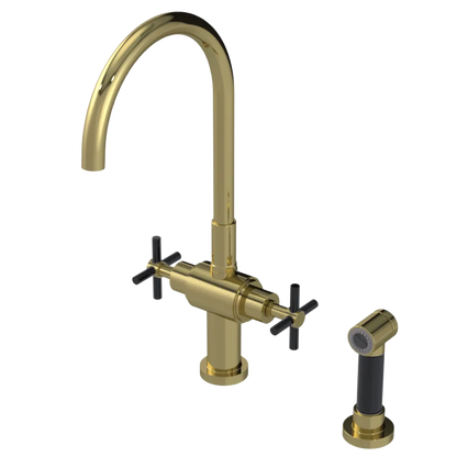 Rubinet Two Handle Single Hole Kitchen Set with LaSalle Spout with Hand Spray Natural Brass