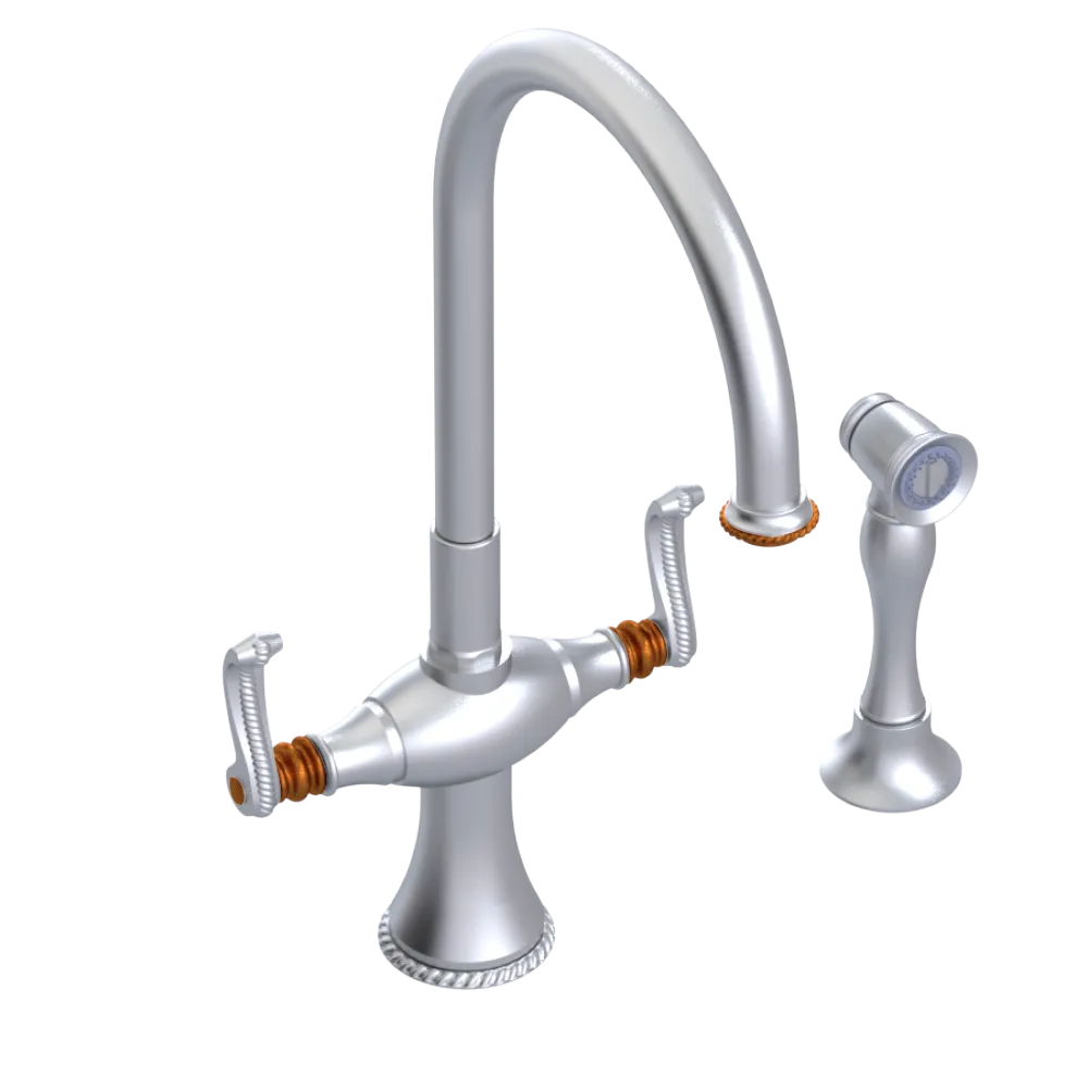 Rubinet Two Handle Single Hole Kitchen Set with Hand Spray Satin Chrome