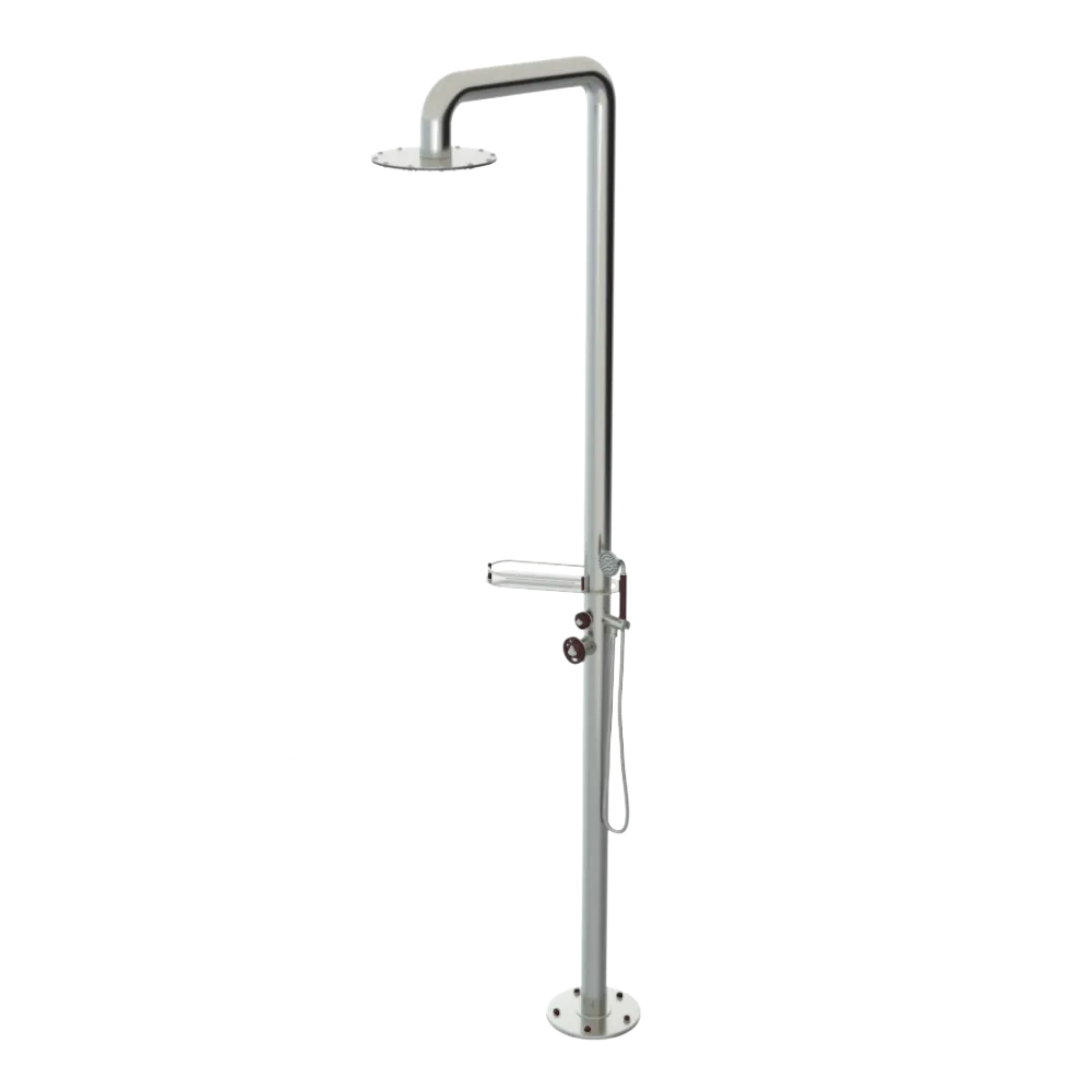 Rubinet Pressure Balance Outdoor Shower with Hand Held Shower & 10" Shower Head (with shelf) - 304 Stainless Steel Satin Nickel