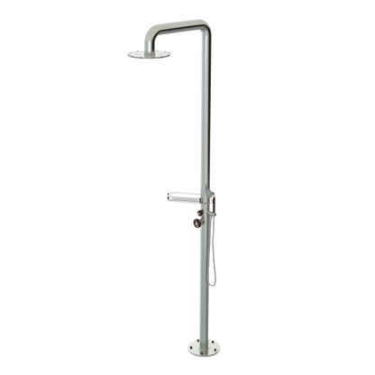 Rubinet Pressure Balance Outdoor Shower with Hand Held Shower & 10" Shower Head (with shelf) - 304 Stainless Steel Satin Nickel
