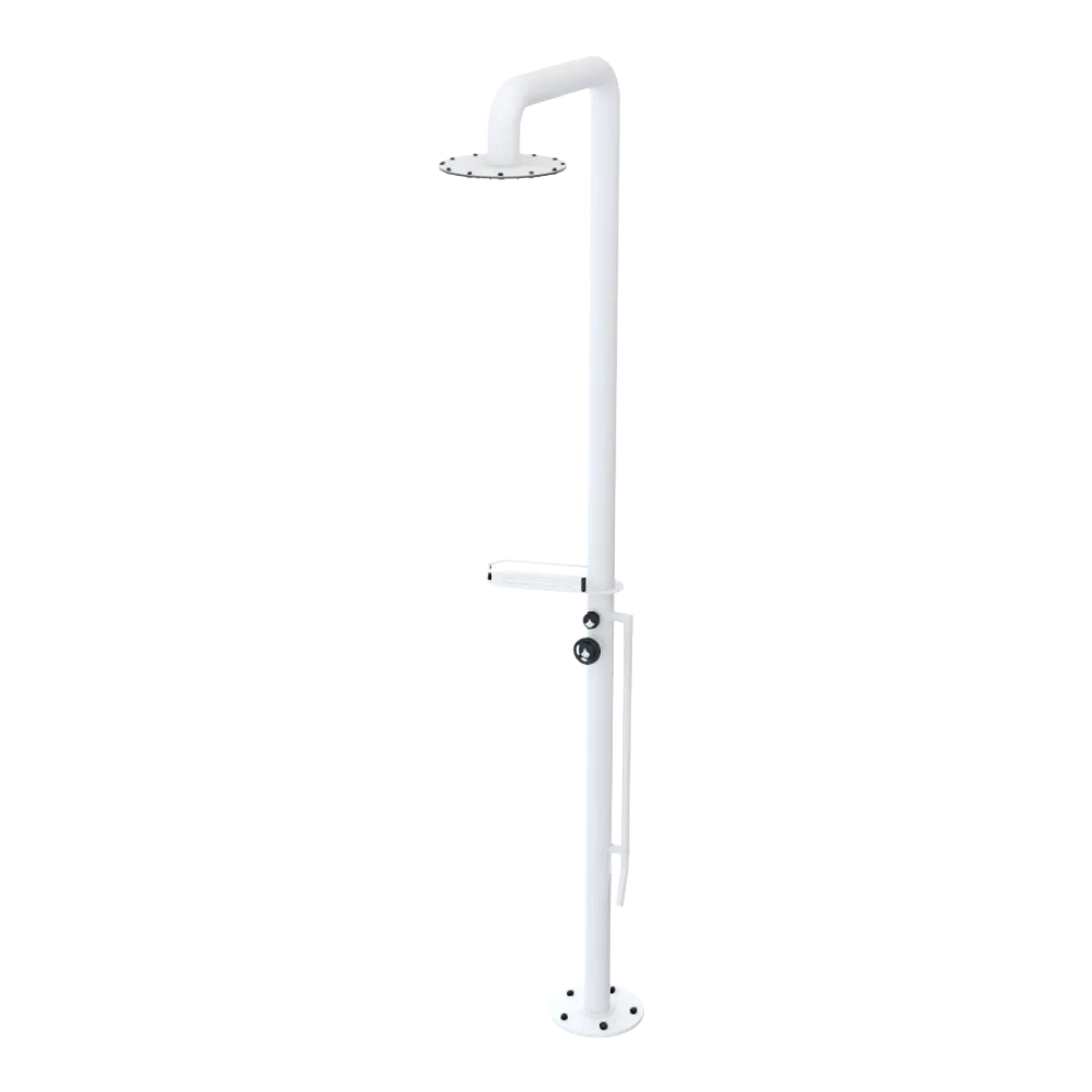 Rubinet Pressure Balance Outdoor Shower with Foot Rinse & 10" Shower Head (with shelf) - 304 Stainless Steel Matt White