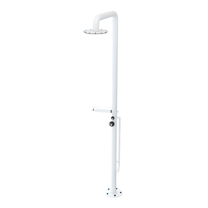 Rubinet Pressure Balance Outdoor Shower with Foot Rinse & 10" Shower Head (with shelf) - 304 Stainless Steel Matt White