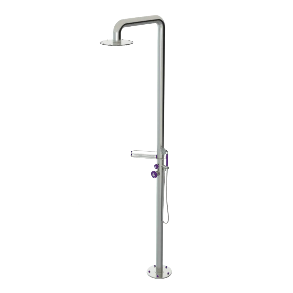 Rubinet Pressure Balance Outdoor Shower with Hand Held Shower & 10" Shower Head (with shelf) - 304 Stainless Steel Satin Nickel