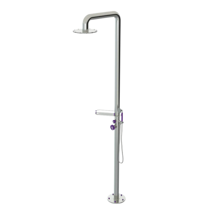 Rubinet Pressure Balance Outdoor Shower with Hand Held Shower & 10" Shower Head (with shelf) - 304 Stainless Steel Satin Nickel