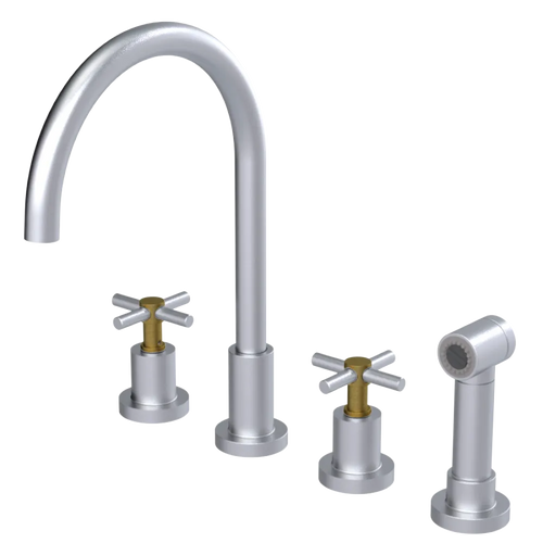 Rubinet Widespread Kitchen Set with LaSalle Spout with Hand Spray Satin Chrome