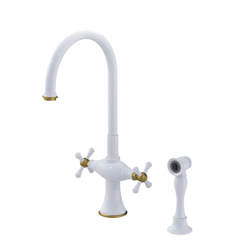 Rubinet Two Handle Single Hole Kitchen Set with Hand Spray White