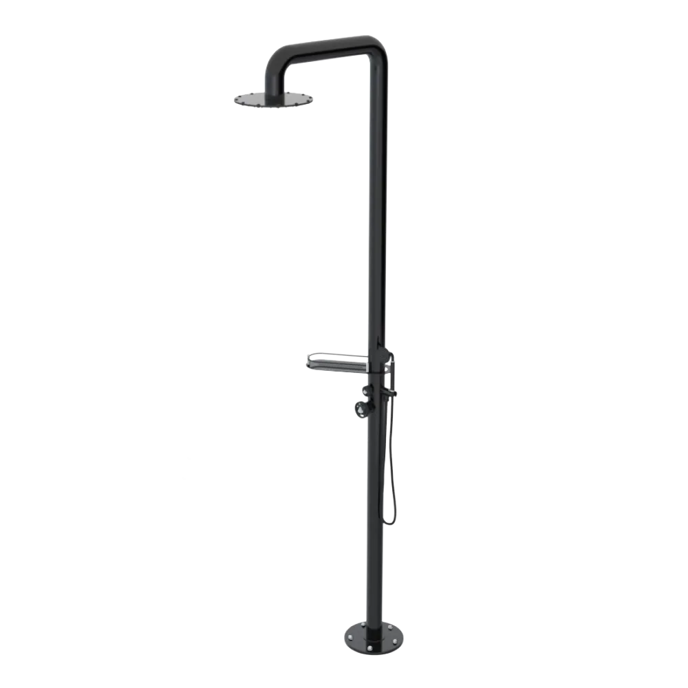Rubinet Pressure Balance Outdoor Shower with Hand Held Shower & 10" Shower Head (with shelf) - 304 Stainless Steel Black
